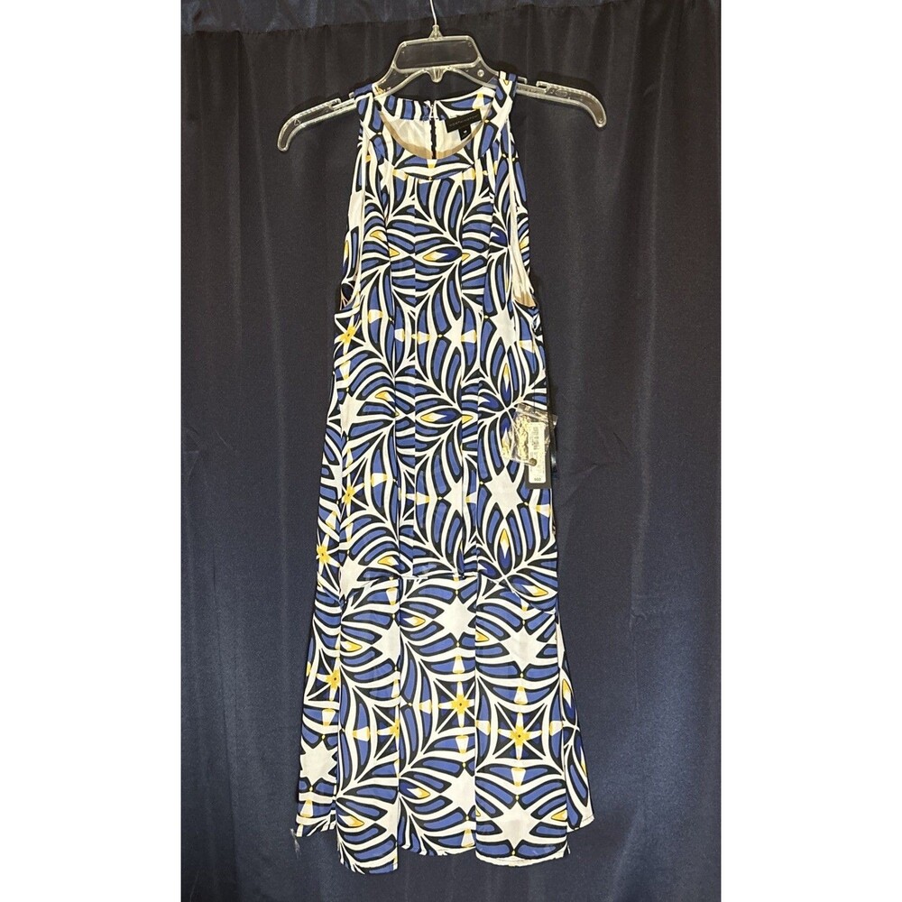 NWT Worthington Geometric Palm Print Dress Sleeveless Crew Neck Blue/yellow 12